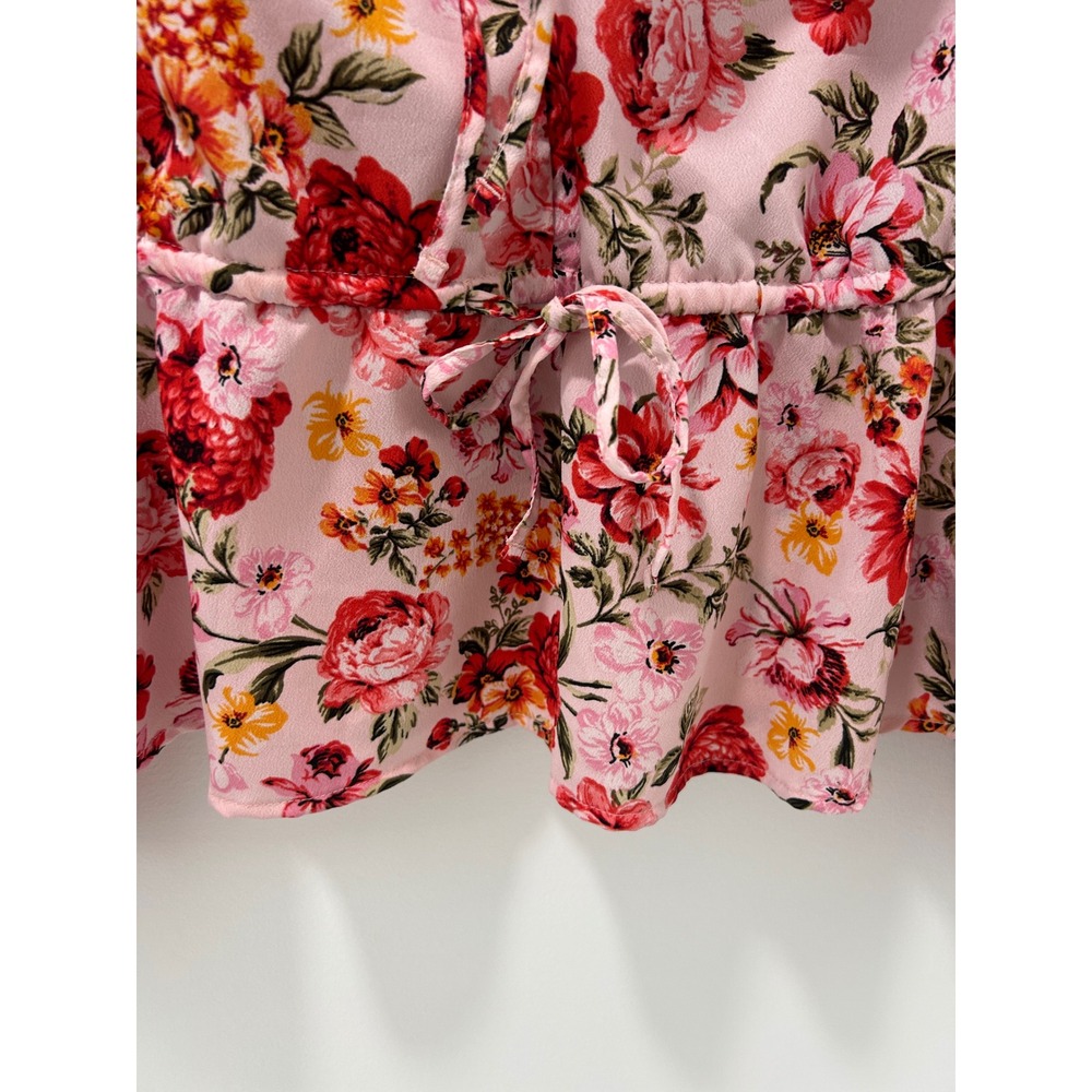 Old Navy Pink Floral Ruffle V-Neck Peplum Tie Front Blouse Long Sleeve Tall L - Picture 4 of 11